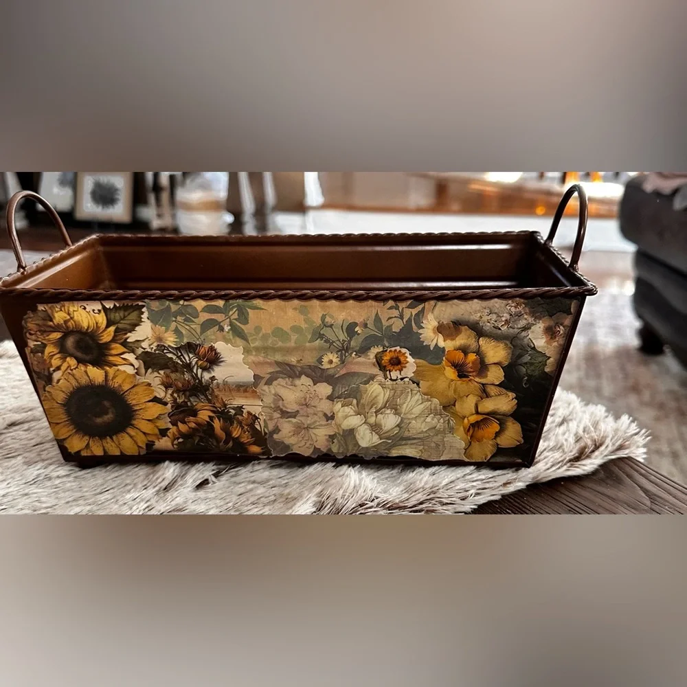 Hand crafted Artisan rustic Floral Metal Storage Bin Brown and Yellow